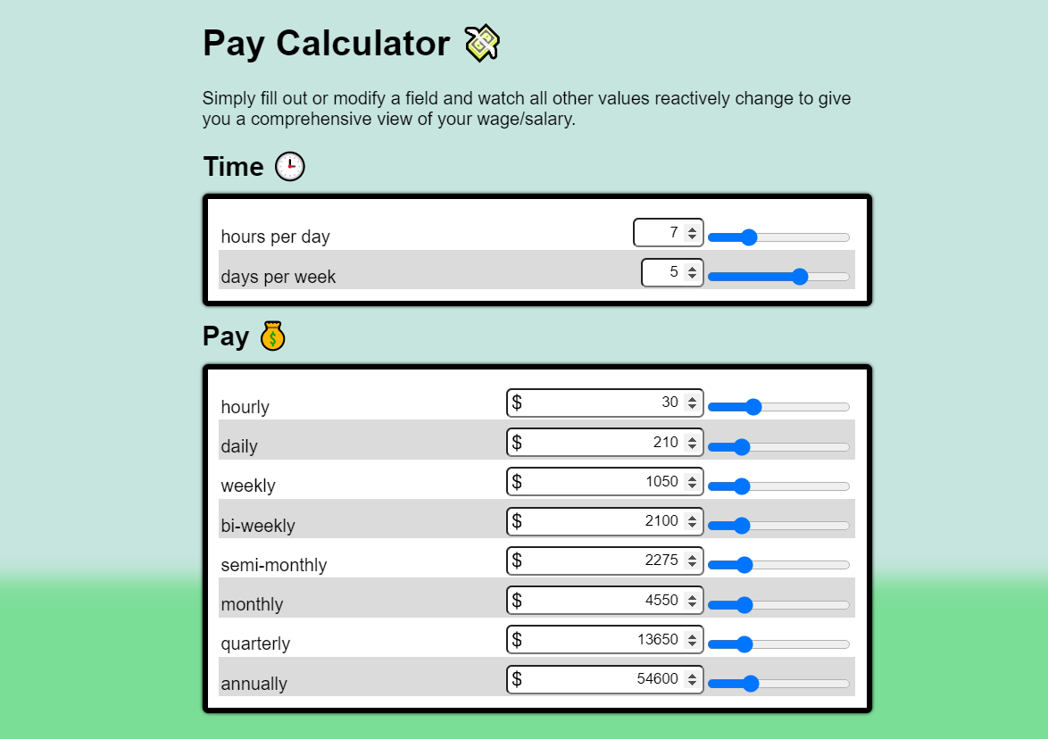 screenshot of the Pay Calculator web app